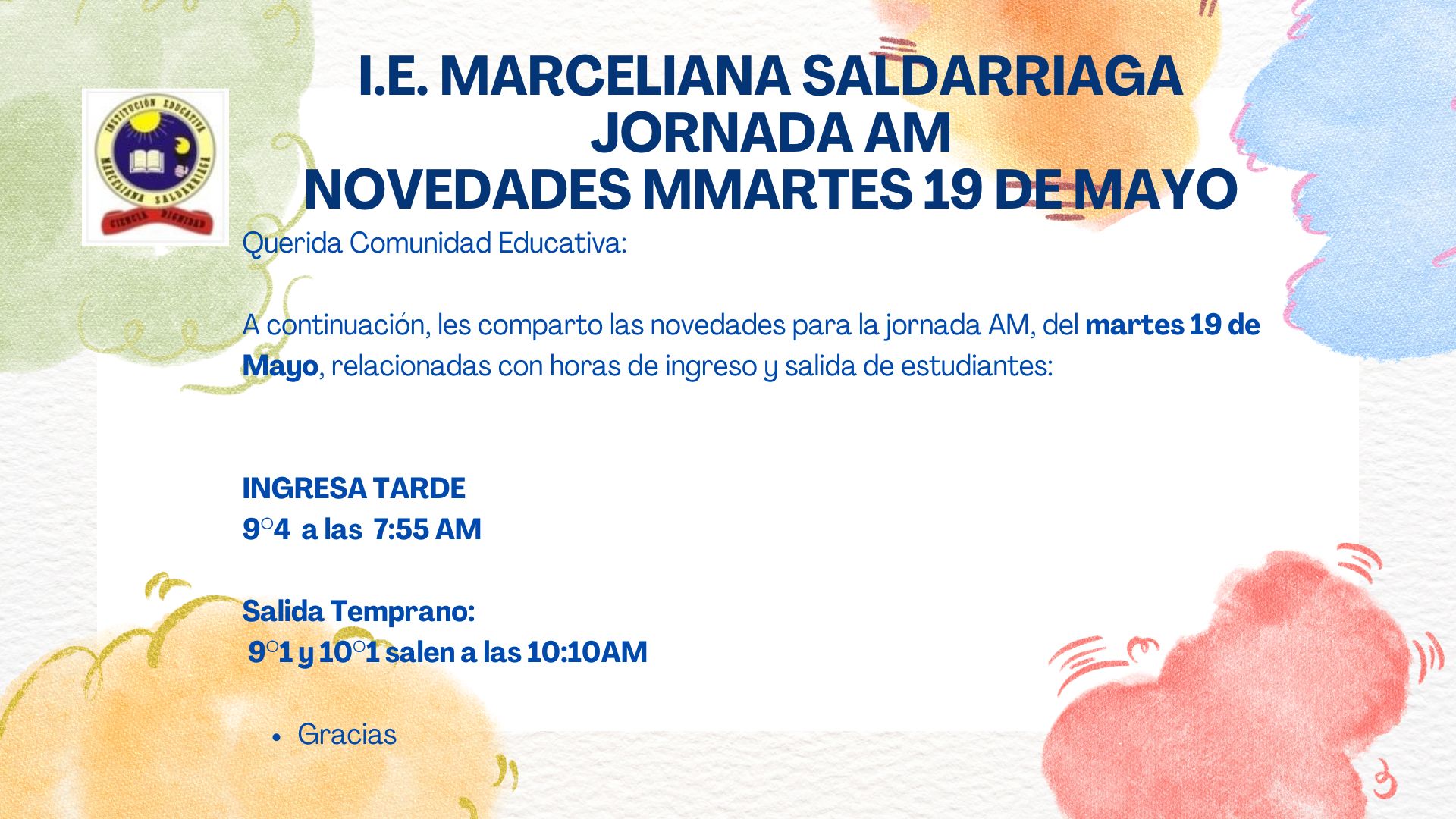 Novedades Jornada A.M. Martes 19 de mayo